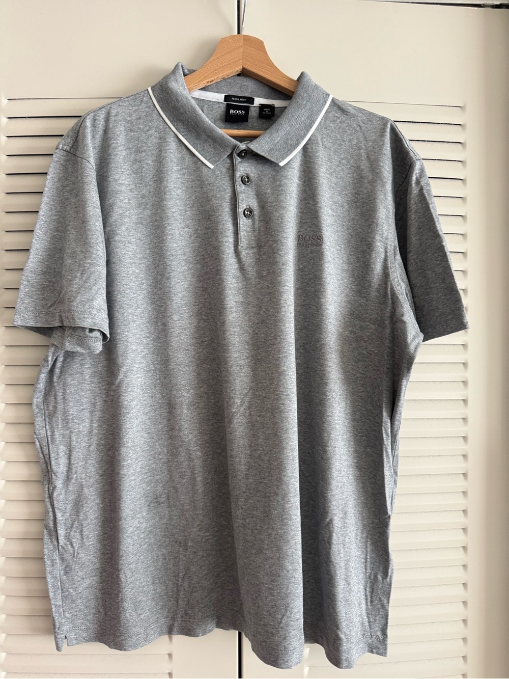 BOSS Men’s Light Gray Polo with White Collar Piping